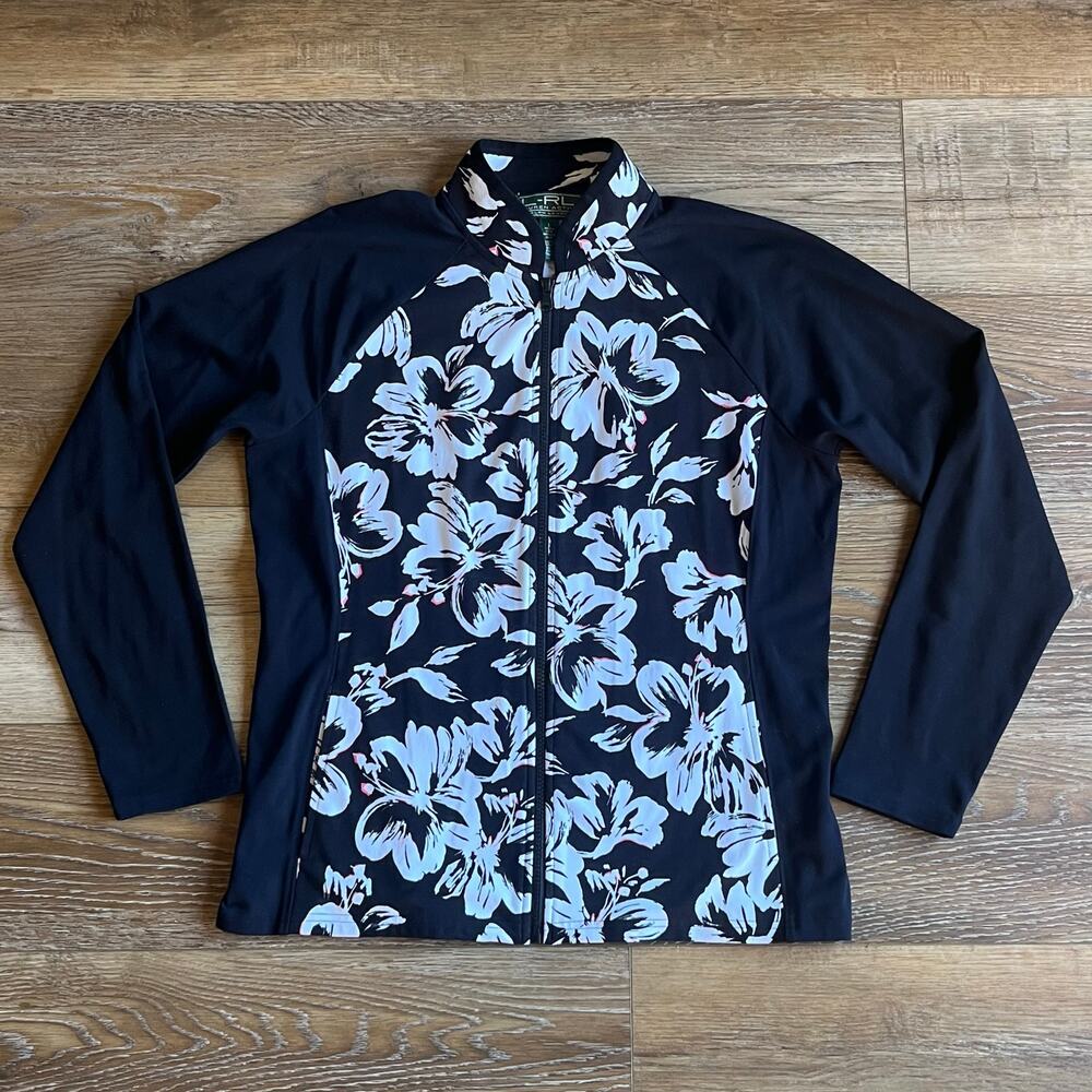 Lauren Ralph Lauren Active Floral Jacket L Full Zip Black Athletic Golf Preppy
